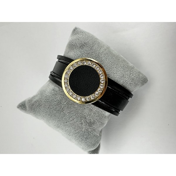 Siyah Deri Yuvarlak Taşlı Bileklik